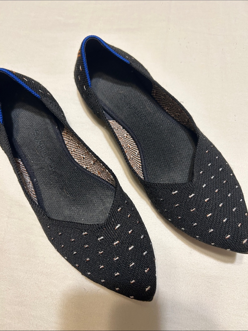Rothy's Black Pointed Knit Flats with Blue Trim